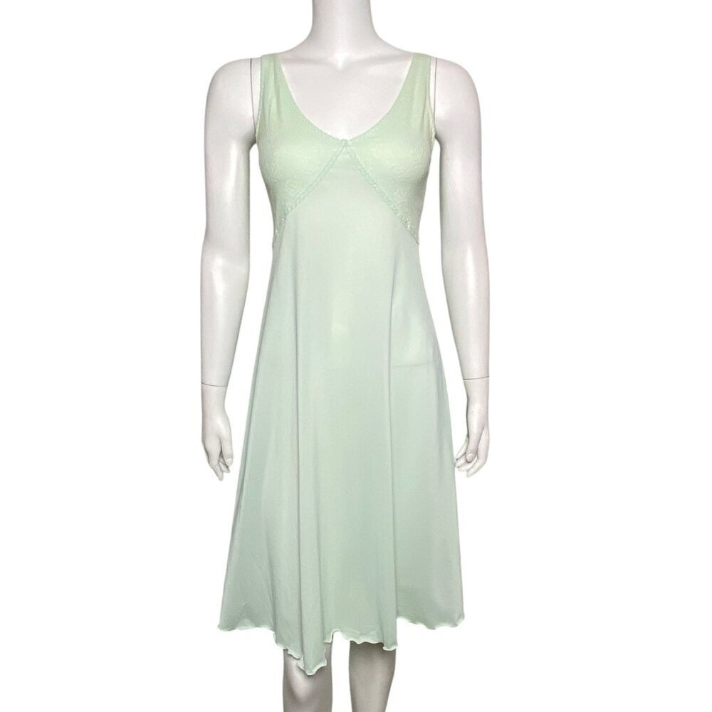Vintage Shadowline Nylon Slip Dress Womens Size S Lace Trim Green V Neck